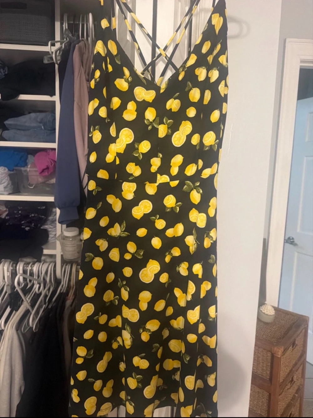 nine britton Black Dress with Yellow Lemon Print and Crisscross Straps